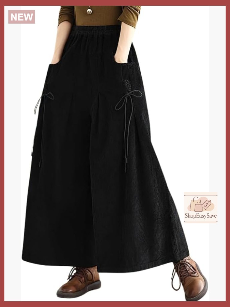 Wide Leg Corduroy Pants Elastic Waist High Rise Trousers Casual Fall Palazzo